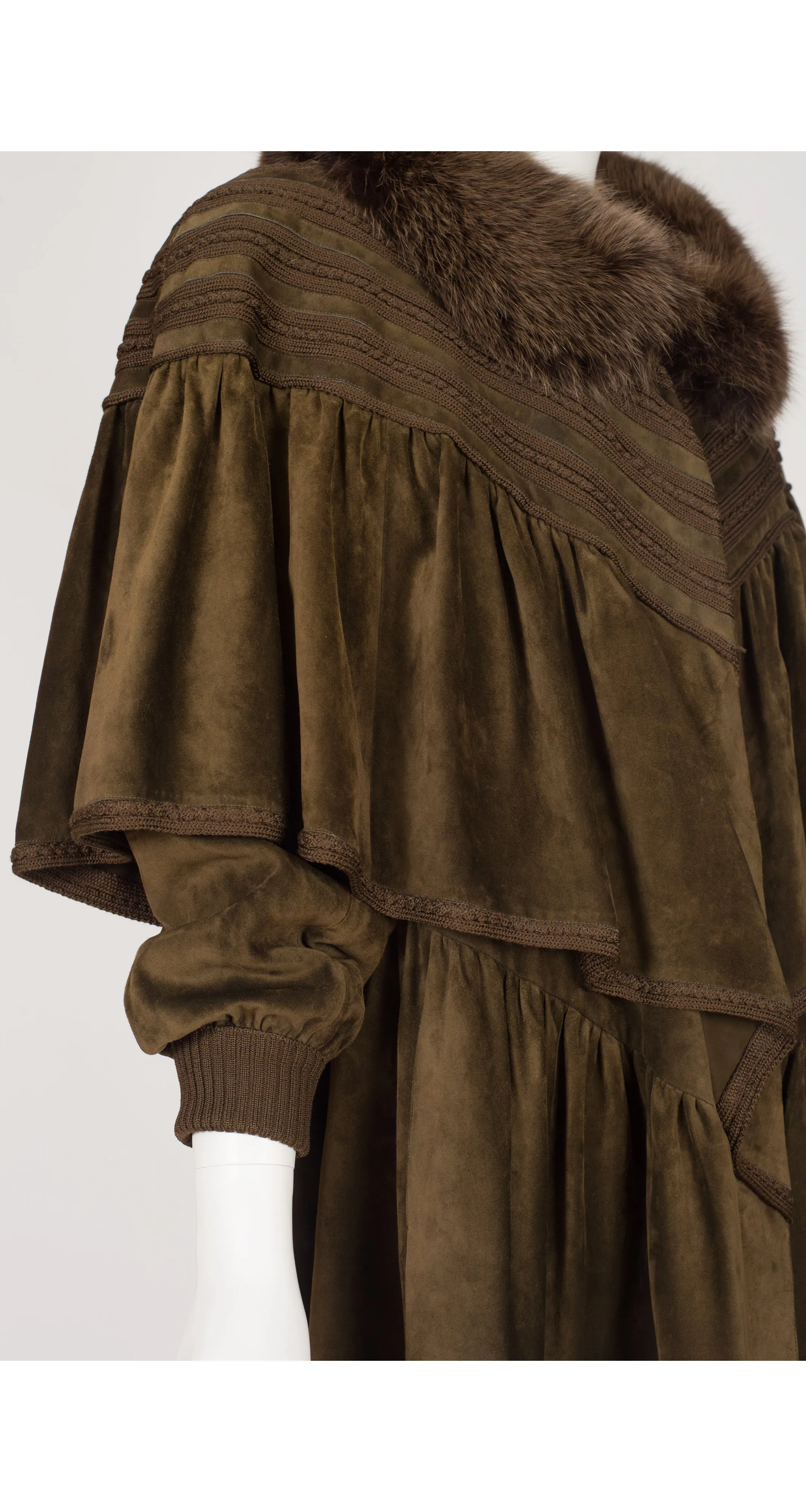 1980s Fox Fur Collar Suede Cape Coat