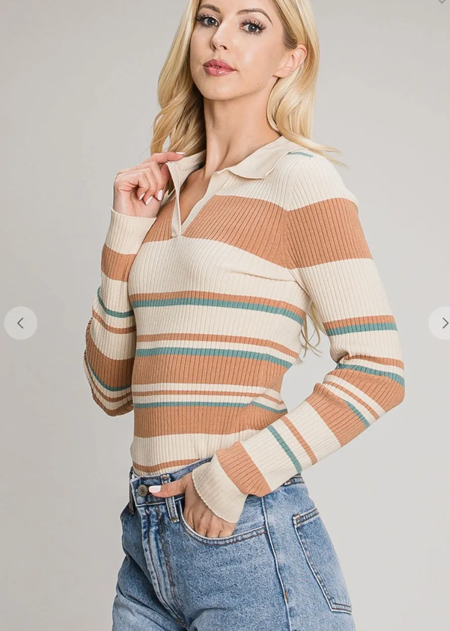Acacia, Ribbed Knit, Collared Sweater, Camel Cream And Teal Stripes