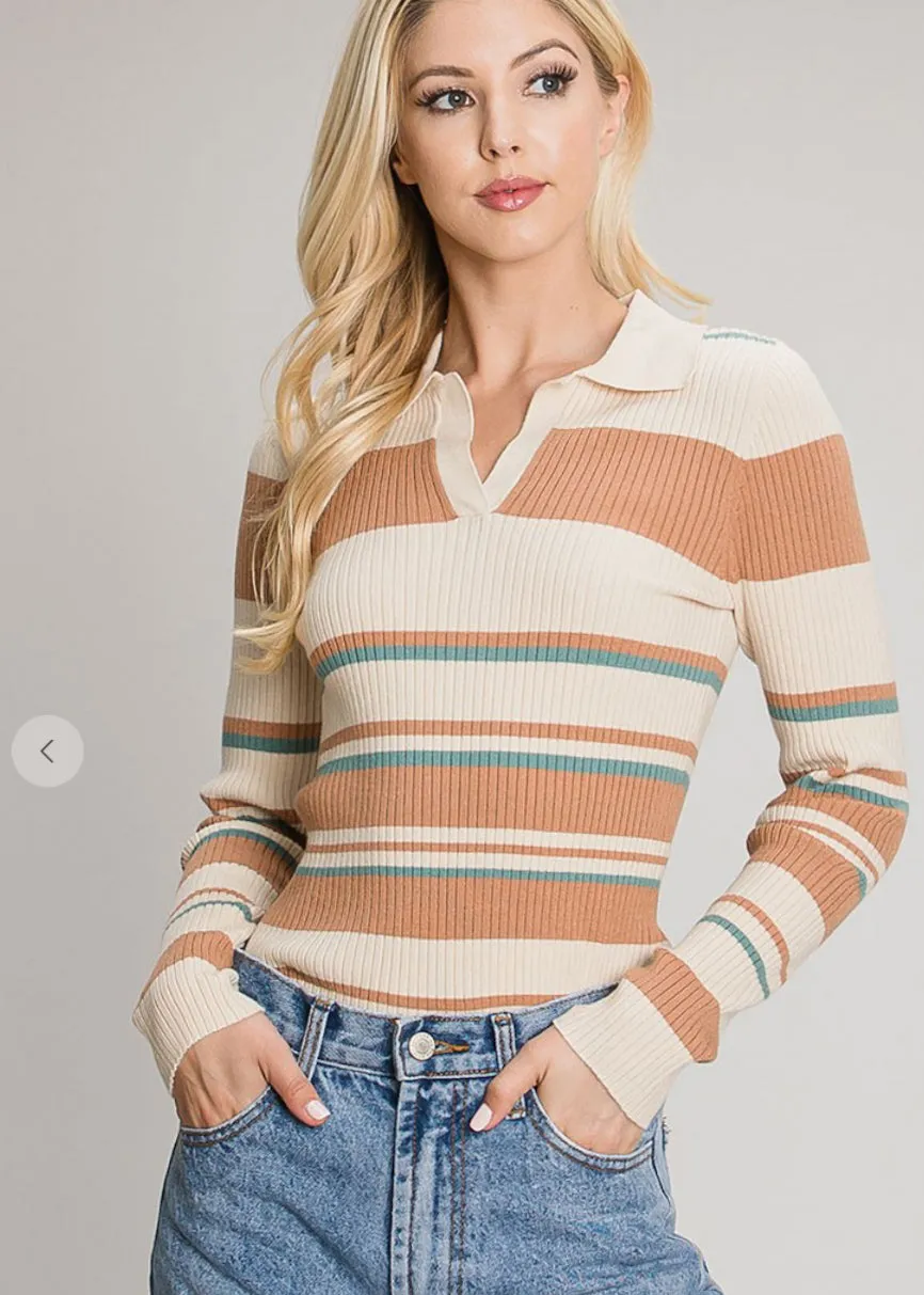 Acacia, Ribbed Knit, Collared Sweater, Camel Cream And Teal Stripes