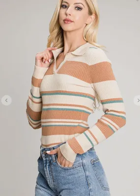 Acacia, Ribbed Knit, Collared Sweater, Camel Cream And Teal Stripes