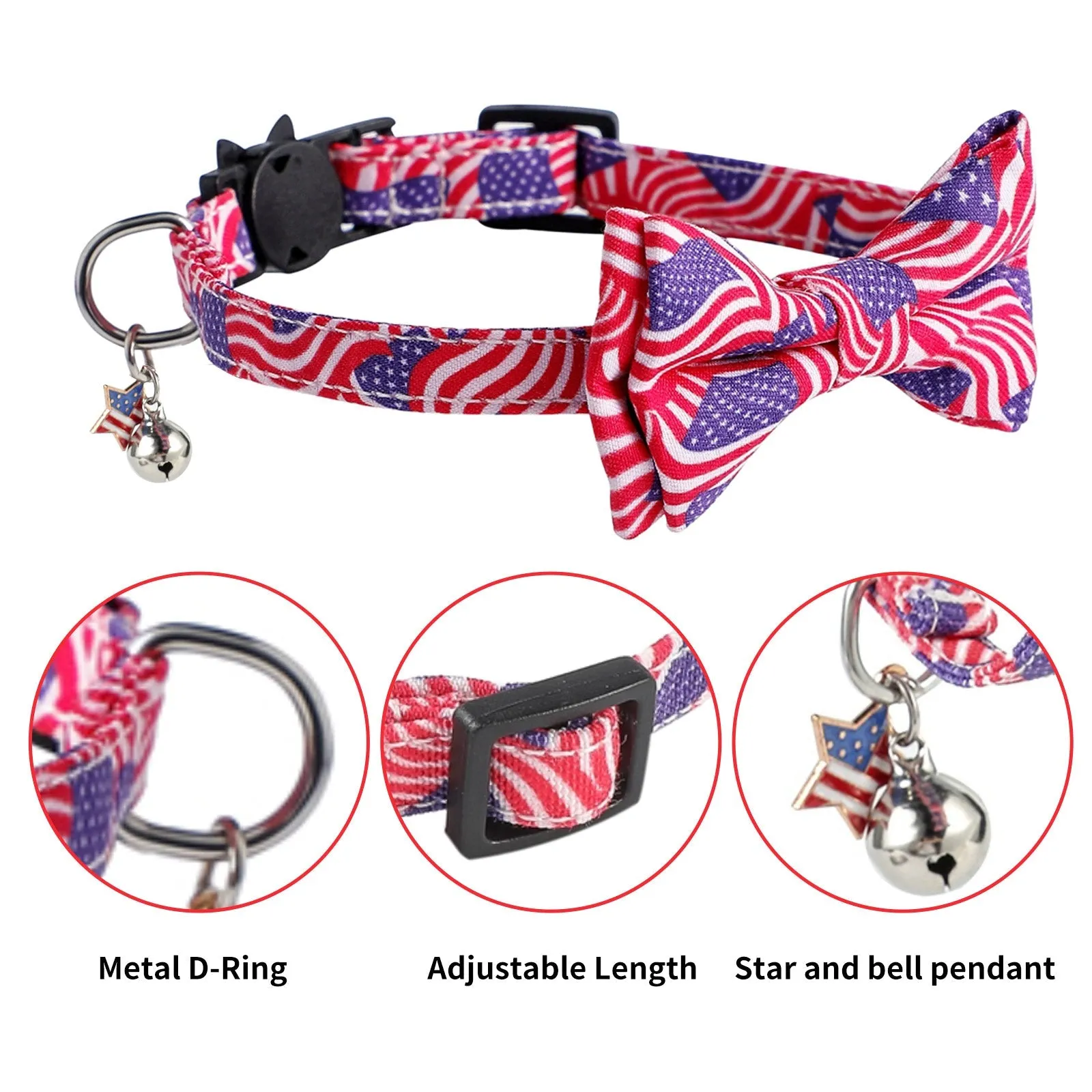 Aiitle American Flag Cat Collar with Bell Bow Tie Star