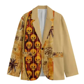 All-Over Print Men's Casual Flat Lapel Collar Blazer | 245GSM Cotton tan skull/surfboard print