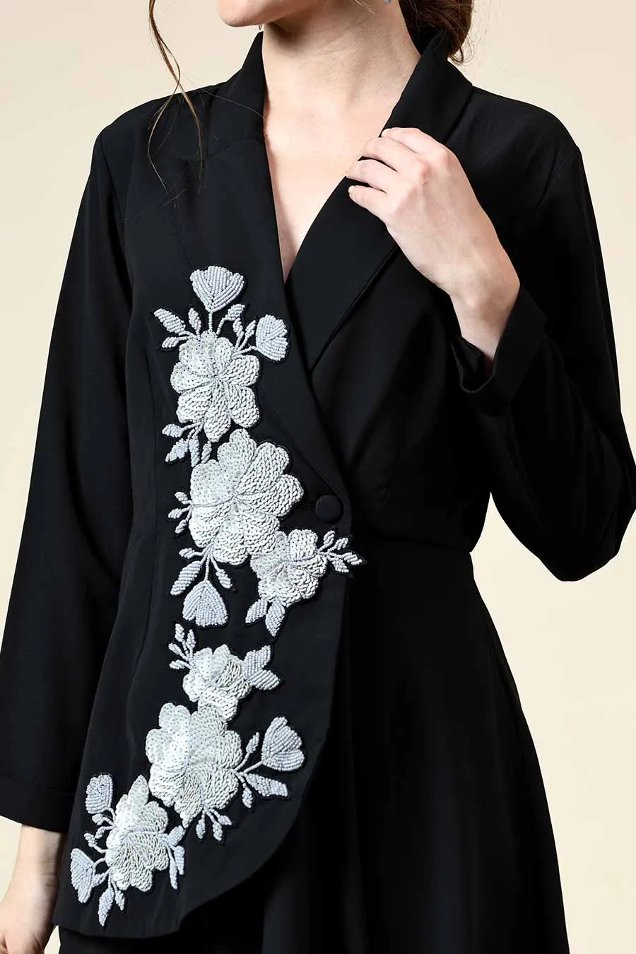 Black Floral Embroiderd Black Blazer Co-Ord Set