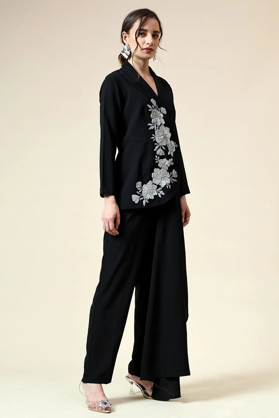 Black Floral Embroiderd Black Blazer Co-Ord Set