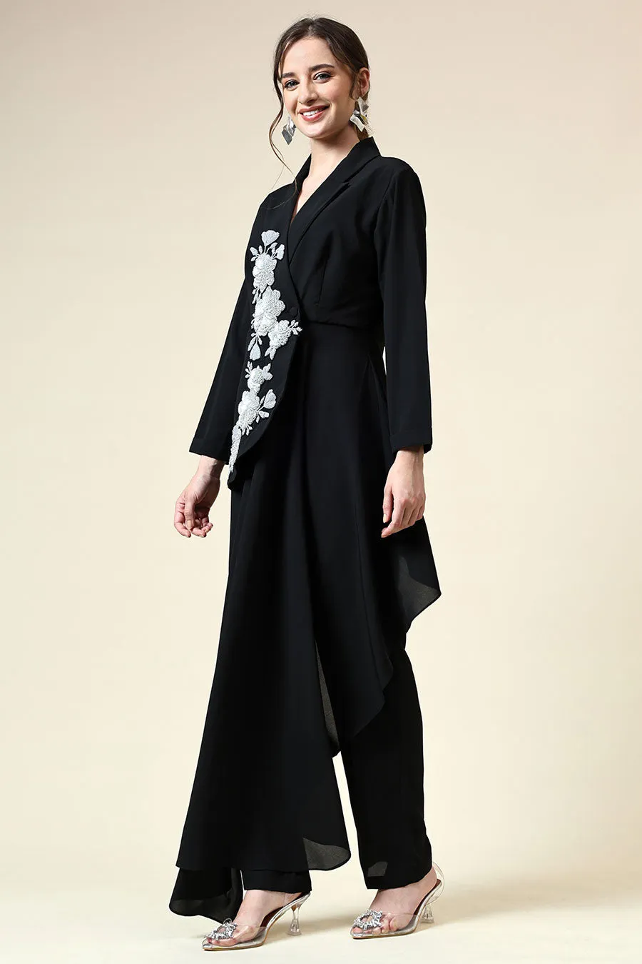Black Floral Embroiderd Black Blazer Co-Ord Set