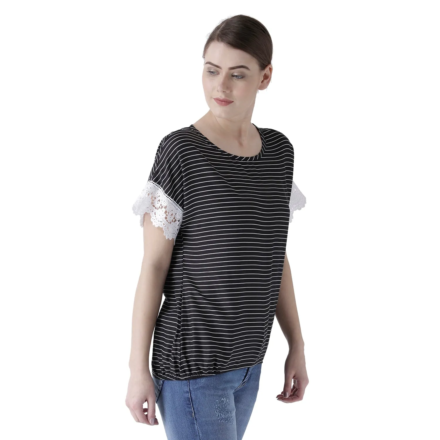 Black Strip Top With Lace Sleeves