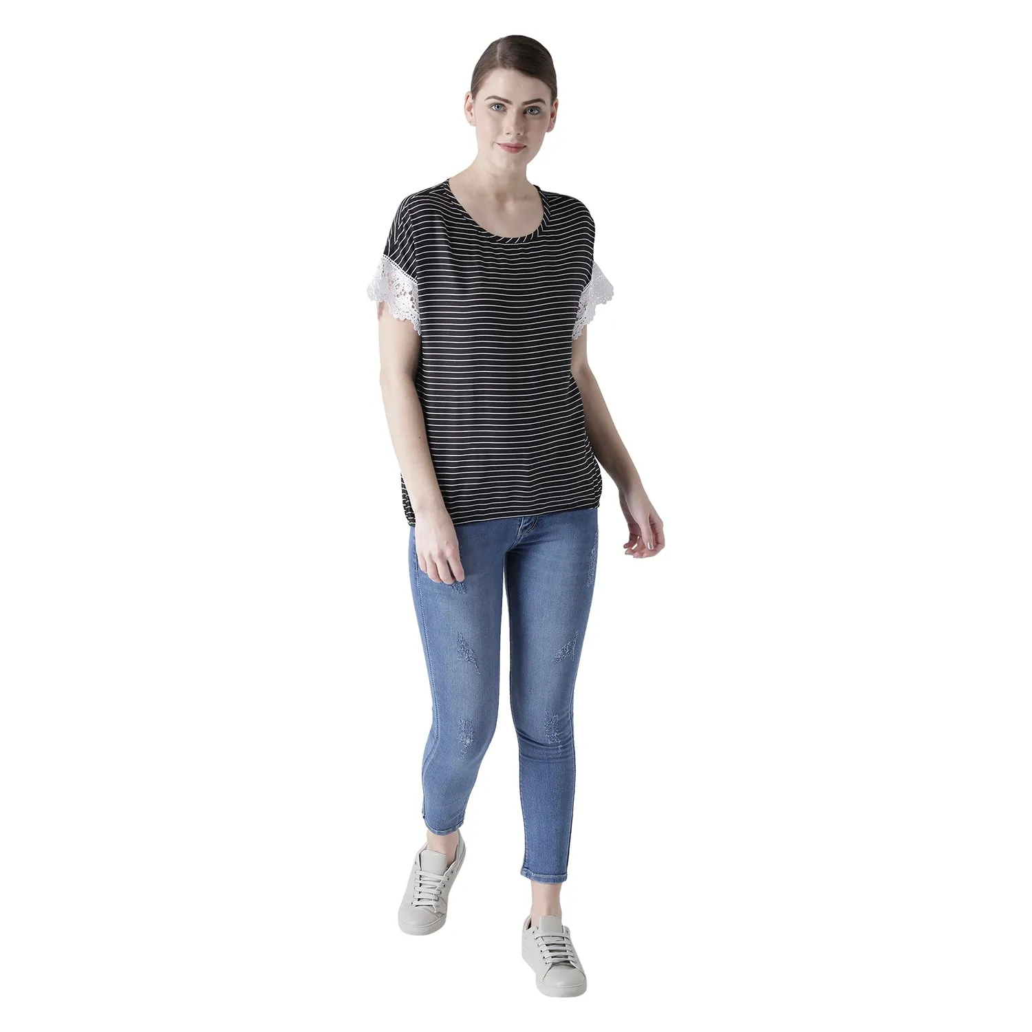Black Strip Top With Lace Sleeves