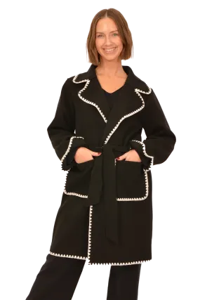Black Tie Front Coat with White Trim