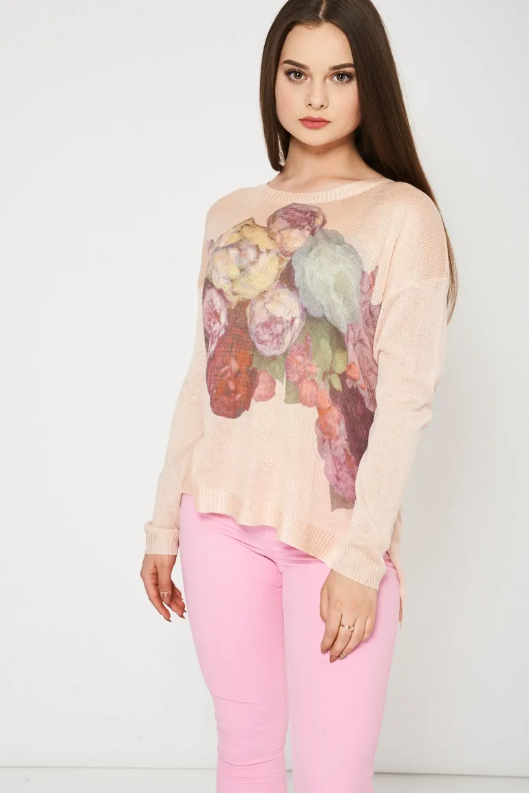 Blush Knitted Top With Floral Print