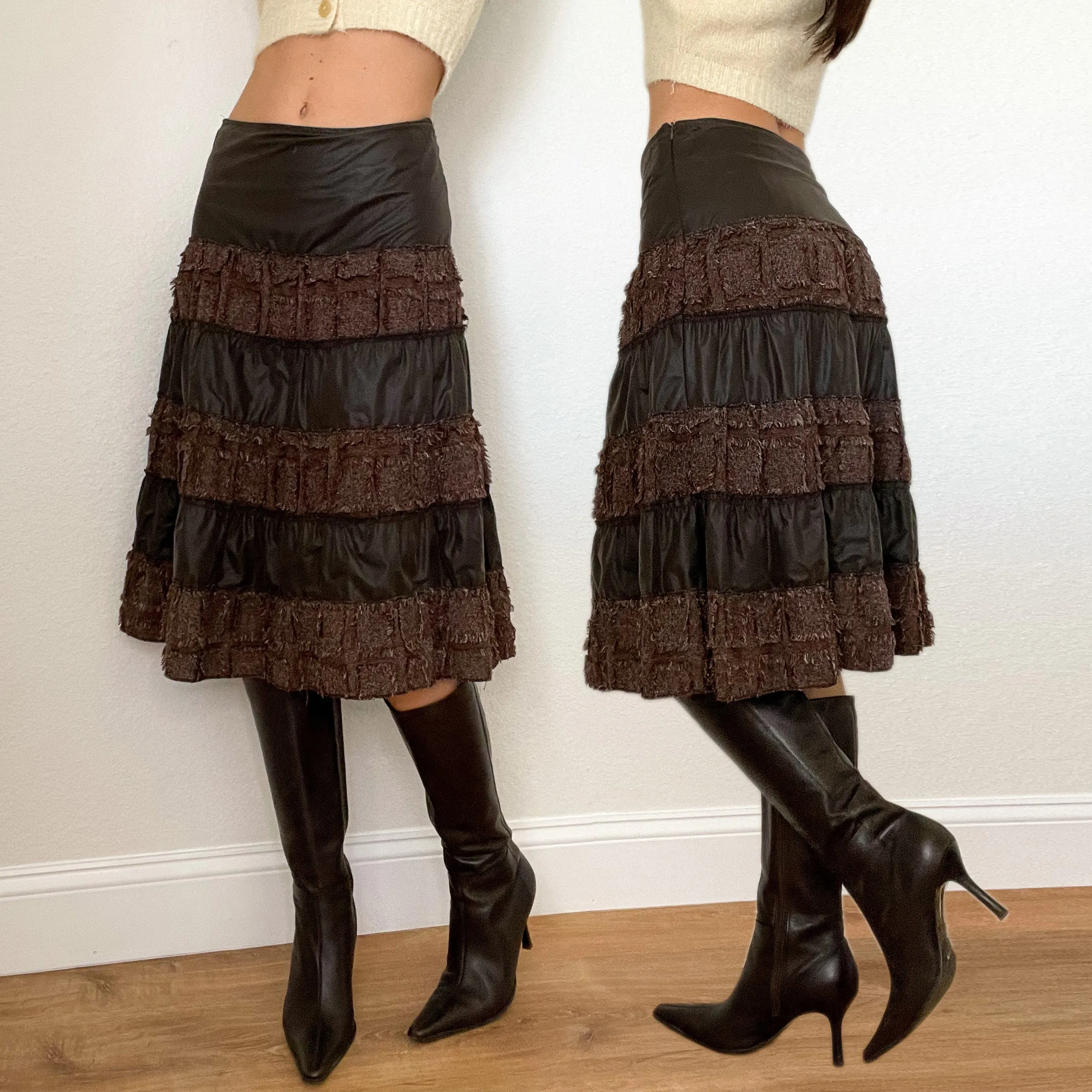 Brown Leather Ruffle Midi Skirt