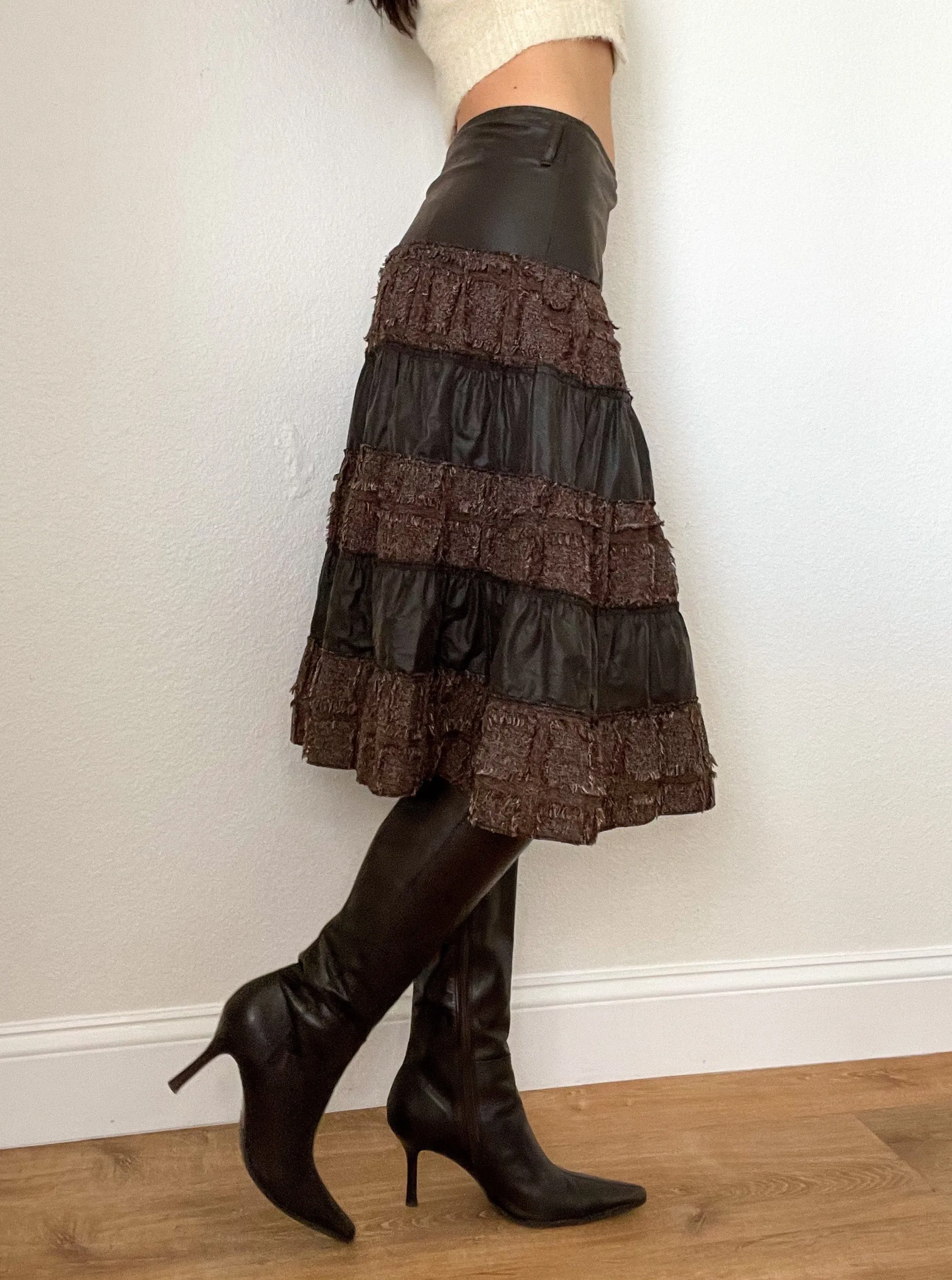 Brown Leather Ruffle Midi Skirt
