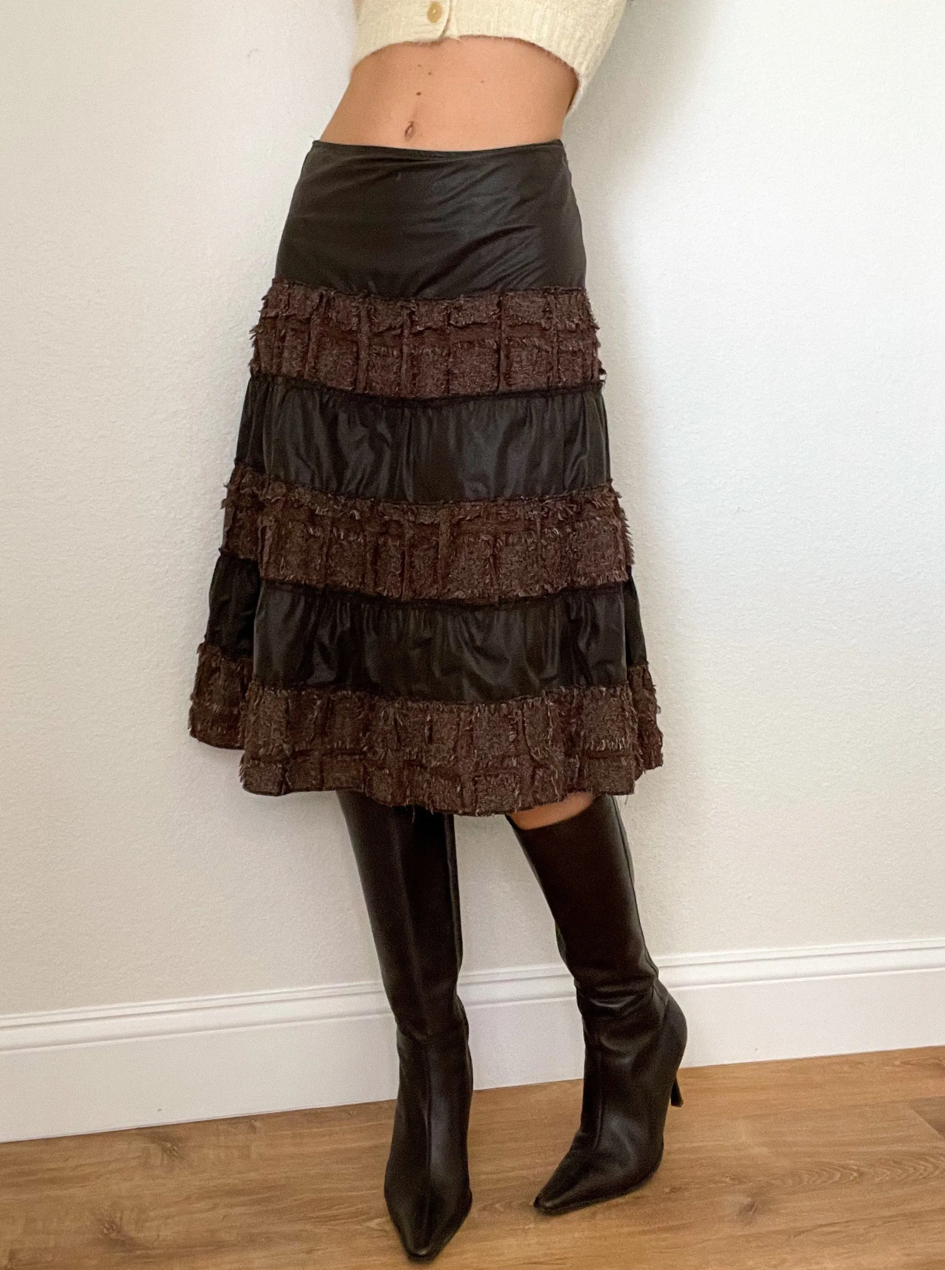 Brown Leather Ruffle Midi Skirt