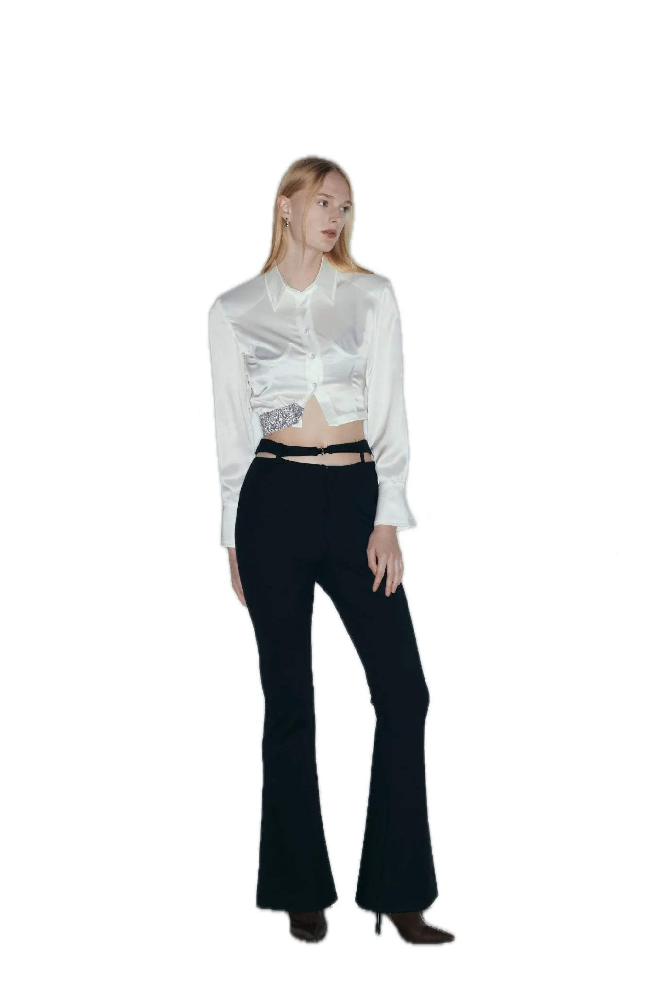 Cutout Wool Blend Flared Trousers In Black