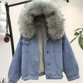 Denim Jeans Hooded Velvet Faux Fur Collar Padded Warm Jacket
