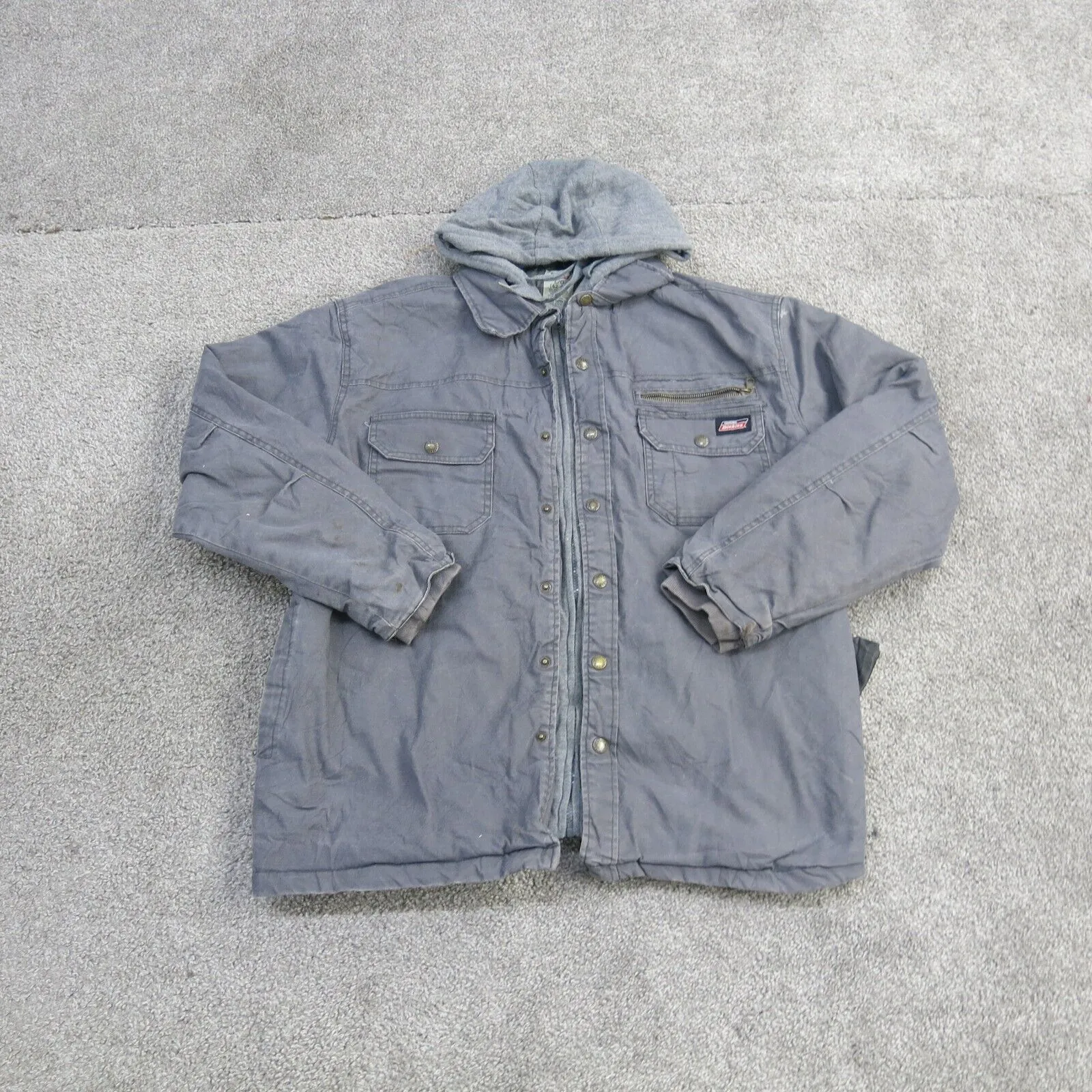 Dickies Jacket Mens Large Gray Long Sleeve Outdoor Canvas Button Up Hooded Coat