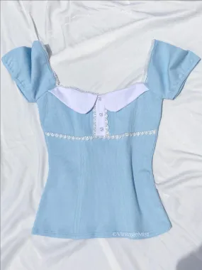 Dollette Collar Buttoned Lace Puff Sleeve Ribbed Top