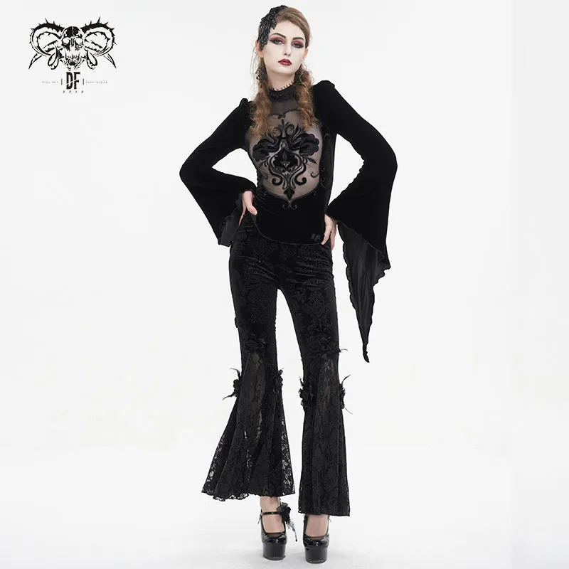 EPT01401 Black Gothic velveteen embossed flared pants