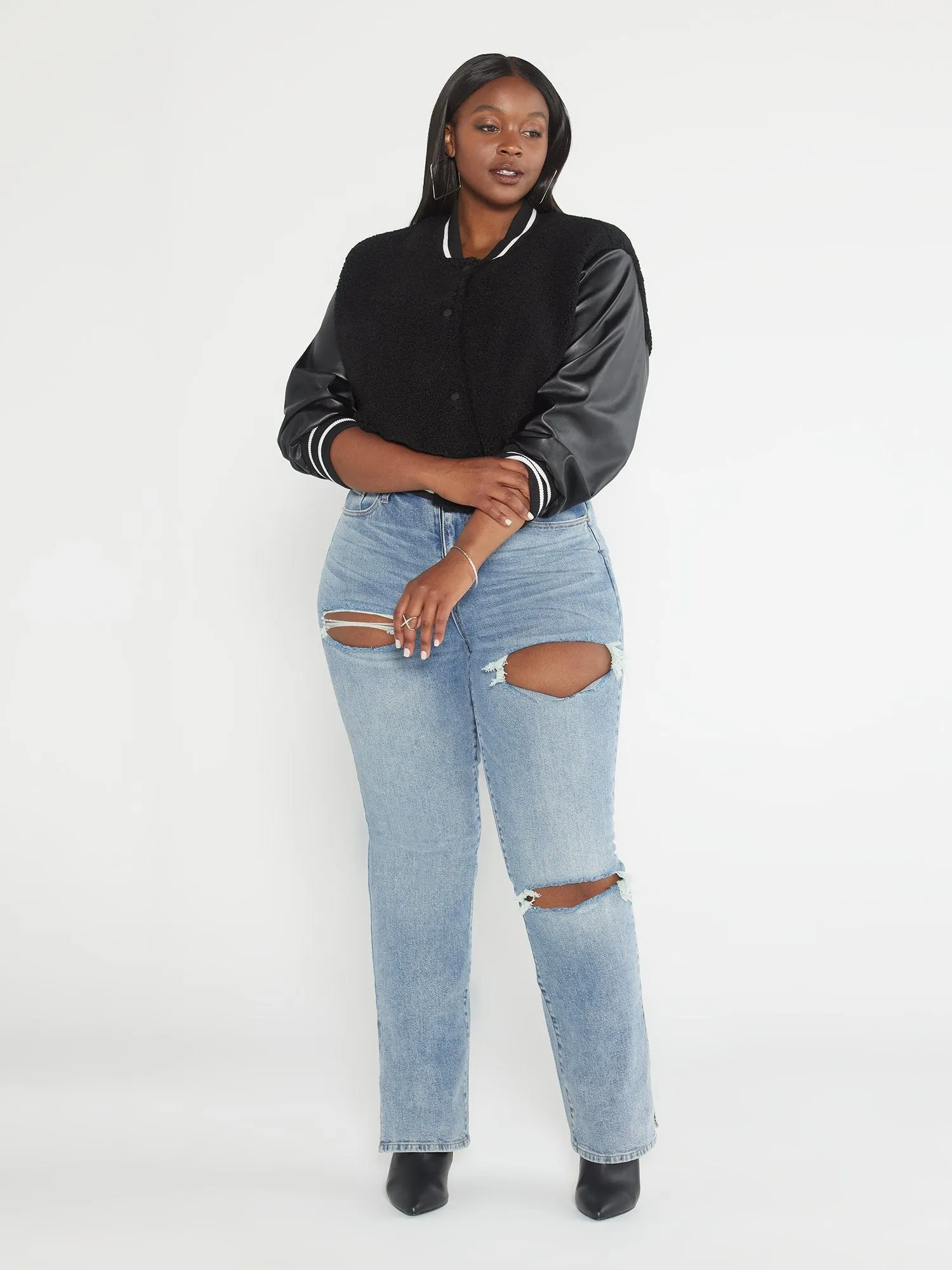Fashion To Figure - Kamilah Mixed Media Bomber Jacket
