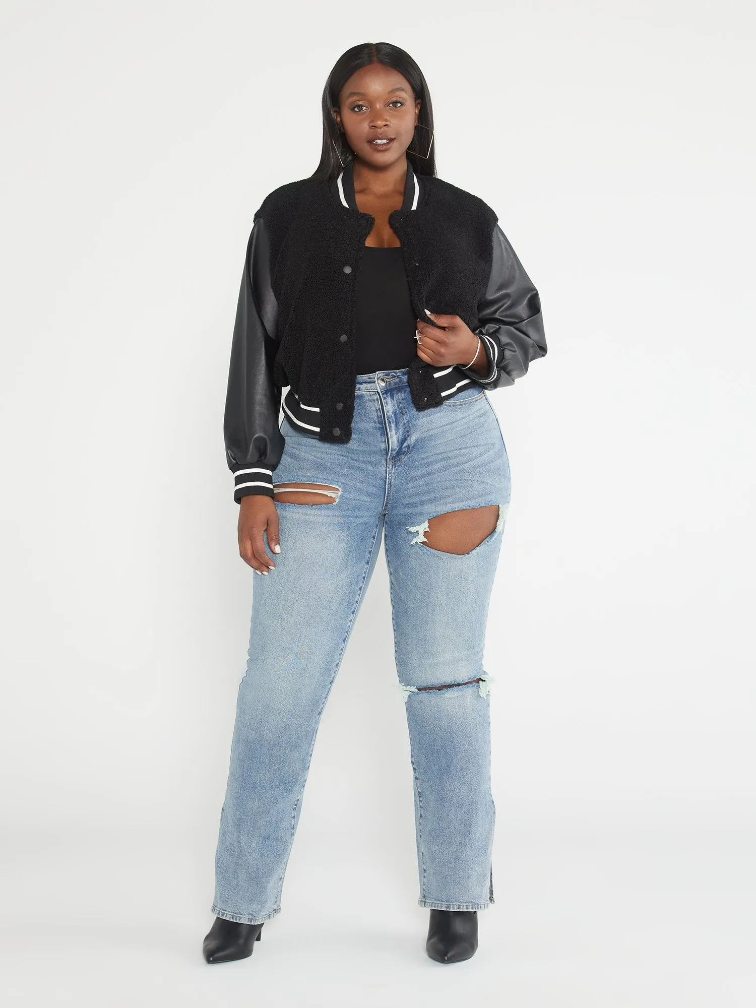 Fashion To Figure - Kamilah Mixed Media Bomber Jacket