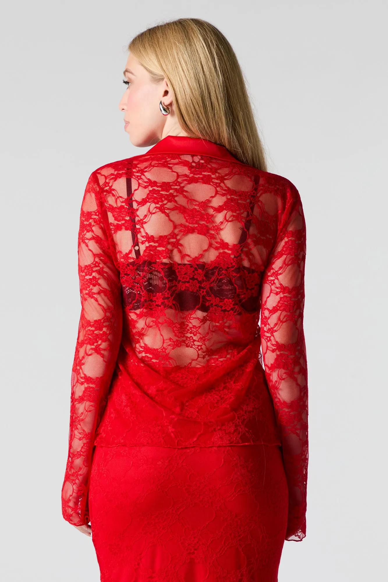Floral Lace Front Tie Long Sleeve Top