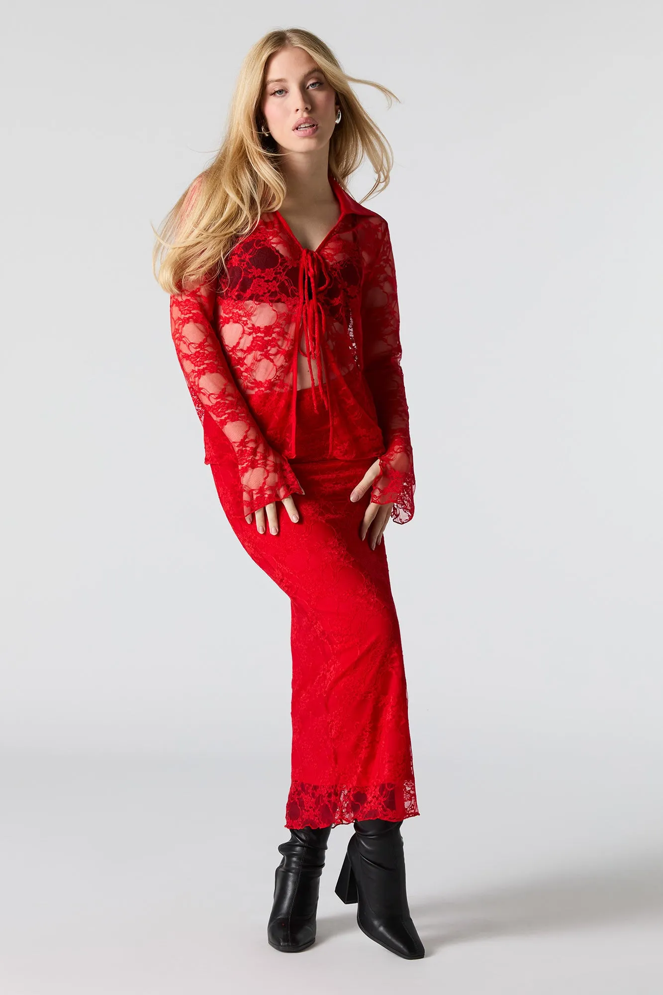 Floral Lace Front Tie Long Sleeve Top