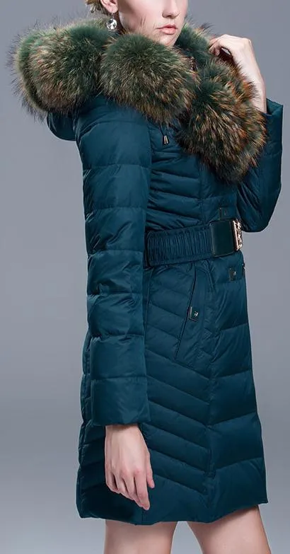 Fur Collar Belted Puffer Down Coat, Blue/Green