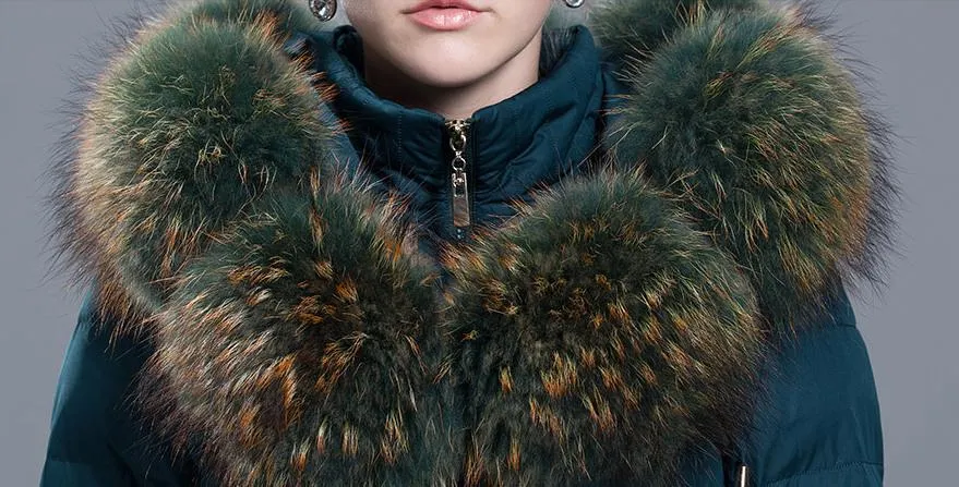 Fur Collar Belted Puffer Down Coat, Blue/Green