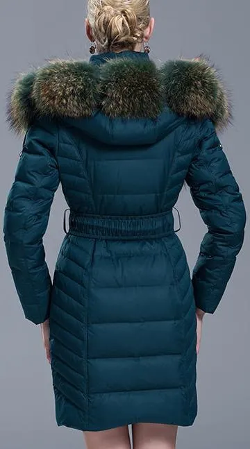 Fur Collar Belted Puffer Down Coat, Blue/Green