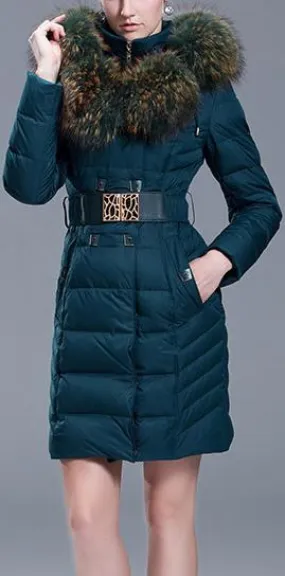 Fur Collar Belted Puffer Down Coat, Blue/Green