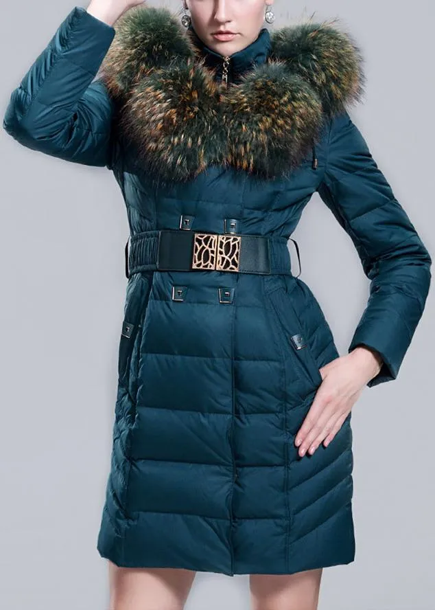 Fur Collar Belted Puffer Down Coat, Blue/Green