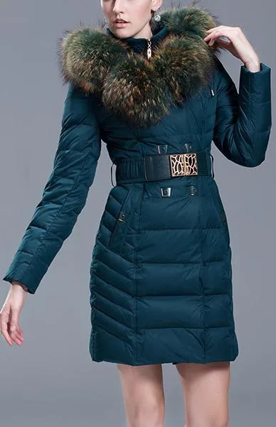Fur Collar Belted Puffer Down Coat, Blue/Green