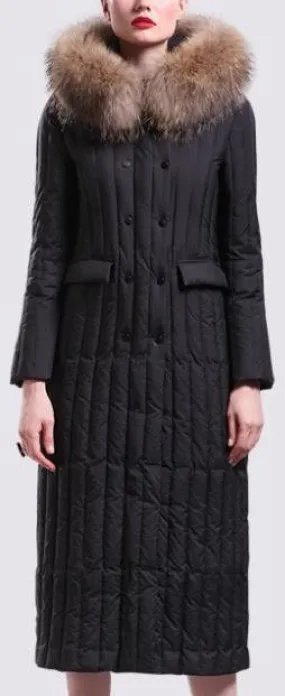 Fur-Hooded Long Paneled Down Coat in Black