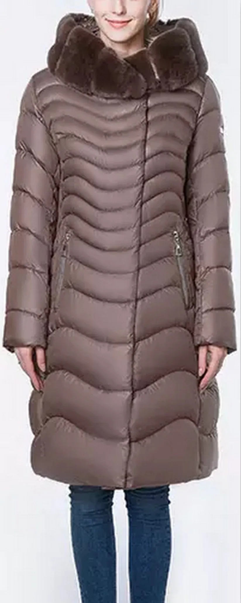 Fur Hooded Wave Puffer Coat, Brown