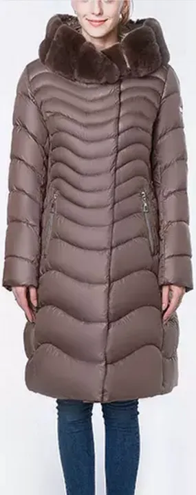 Fur Hooded Wave Puffer Coat, Brown