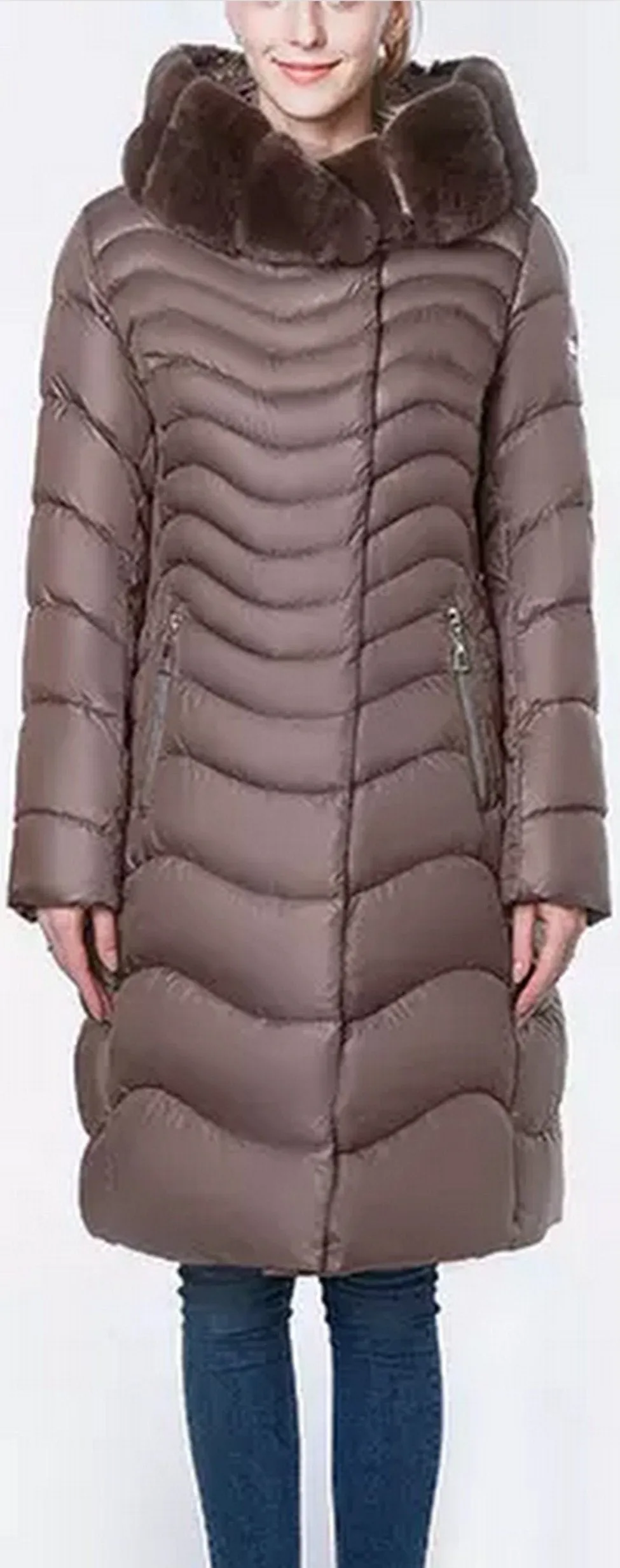 Fur Hooded Wave Puffer Coat, Brown