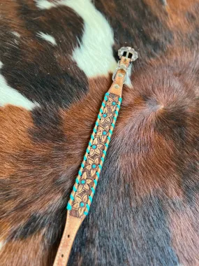 Genuine leather dog collar with teal rawhide.