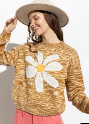 Gerbera, Women’s Knit Sweater, Camel Multi With White Flower