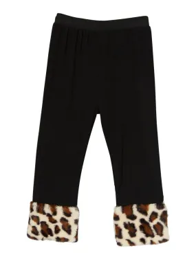 Girls Black Tan Brown Leopard Faux Fur Ankle Trim Leggings 9M-8