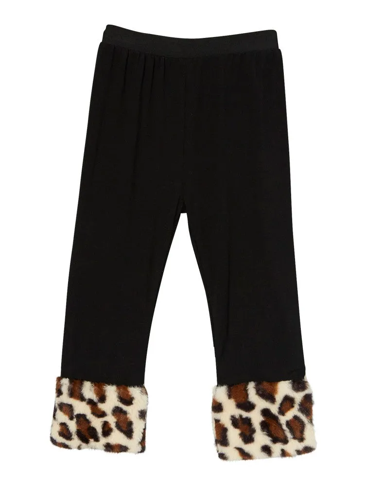 Girls Black Tan Brown Leopard Faux Fur Ankle Trim Leggings 9M-8