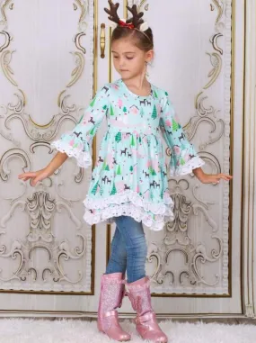 Girls Mint Reindeer And Christmas Tree Handkerchief Tunic with Lace Trim