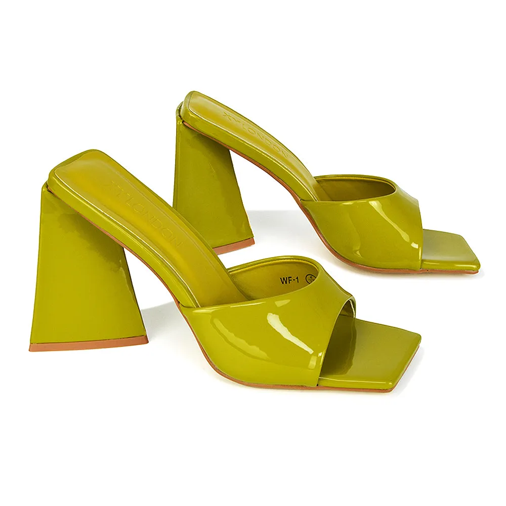 Gracia Square Peep Toe Sculptured Flared Block Heeled Mules in Black Patent