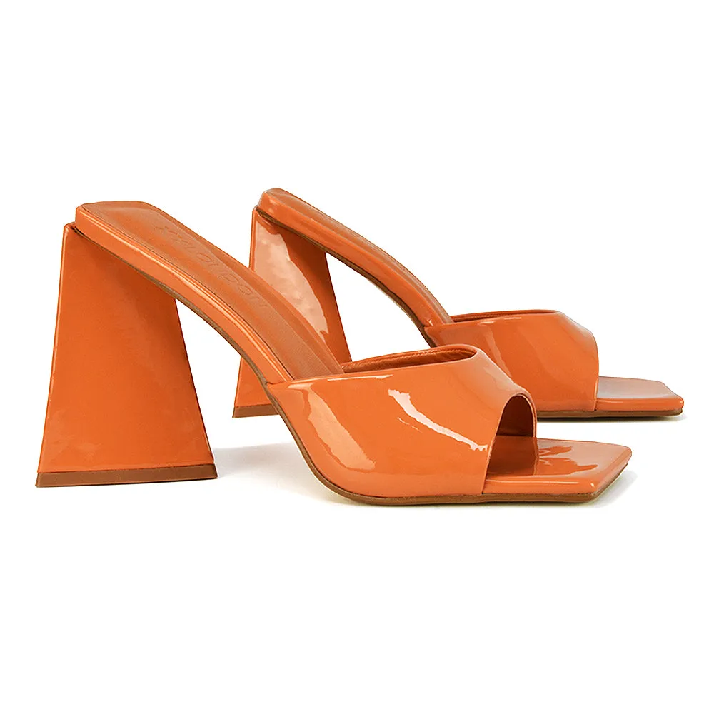 Gracia Square Peep Toe Sculptured Flared Block Heeled Mules in Black Patent