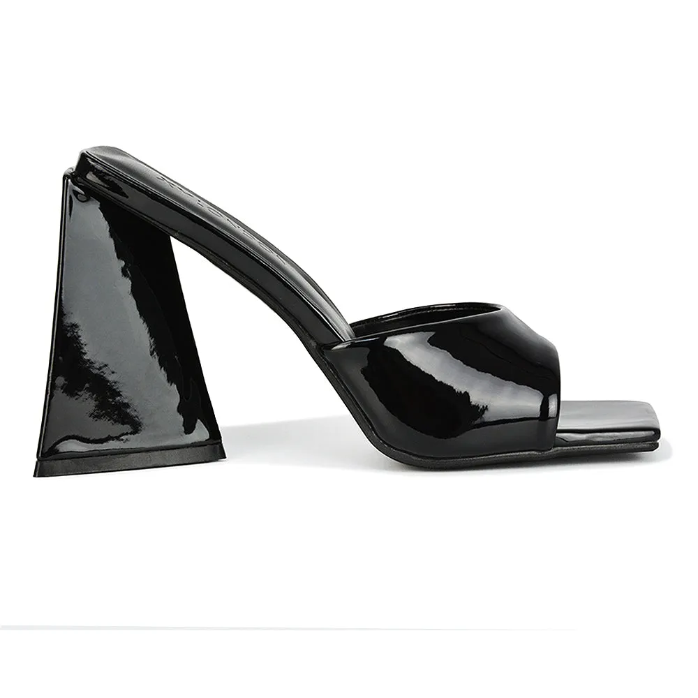 Gracia Square Peep Toe Sculptured Flared Block Heeled Mules in Black Patent