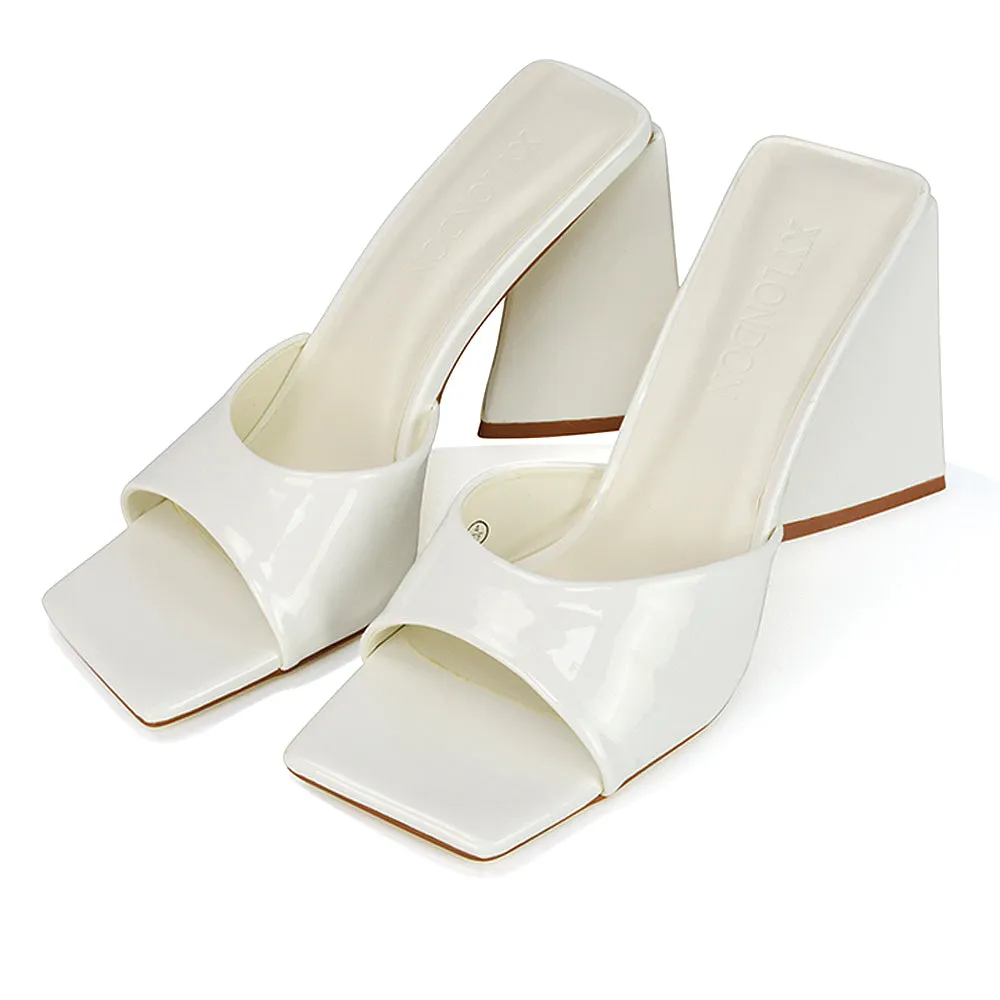 Gracia Square Peep Toe Sculptured Flared Block Heeled Mules in Black Patent