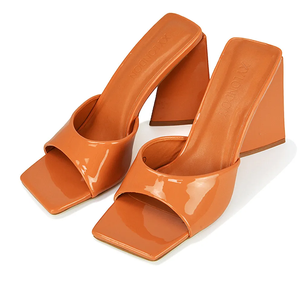 Gracia Square Peep Toe Sculptured Flared Block Heeled Mules in Black Patent