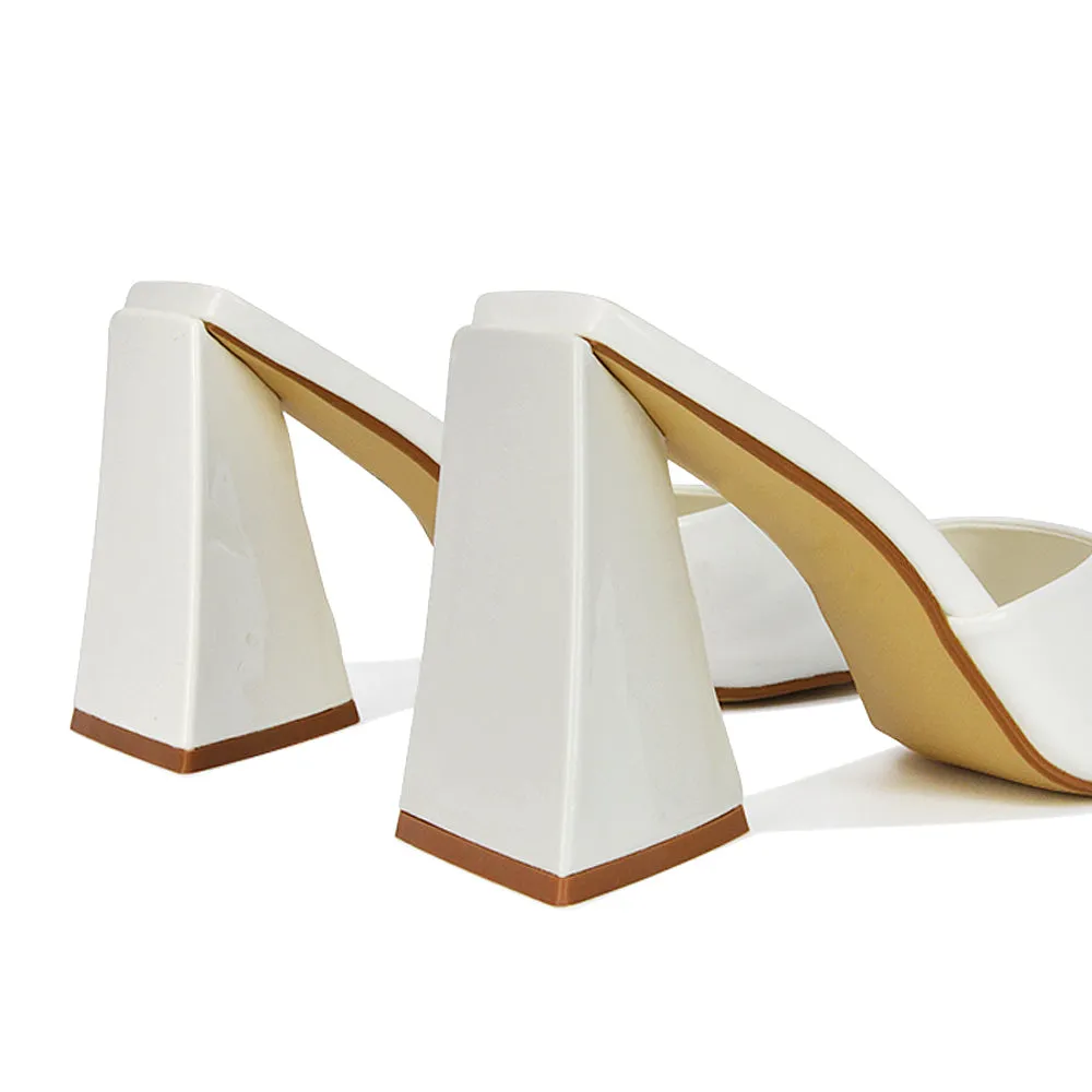Gracia Square Peep Toe Sculptured Flared Block Heeled Mules in Black Patent