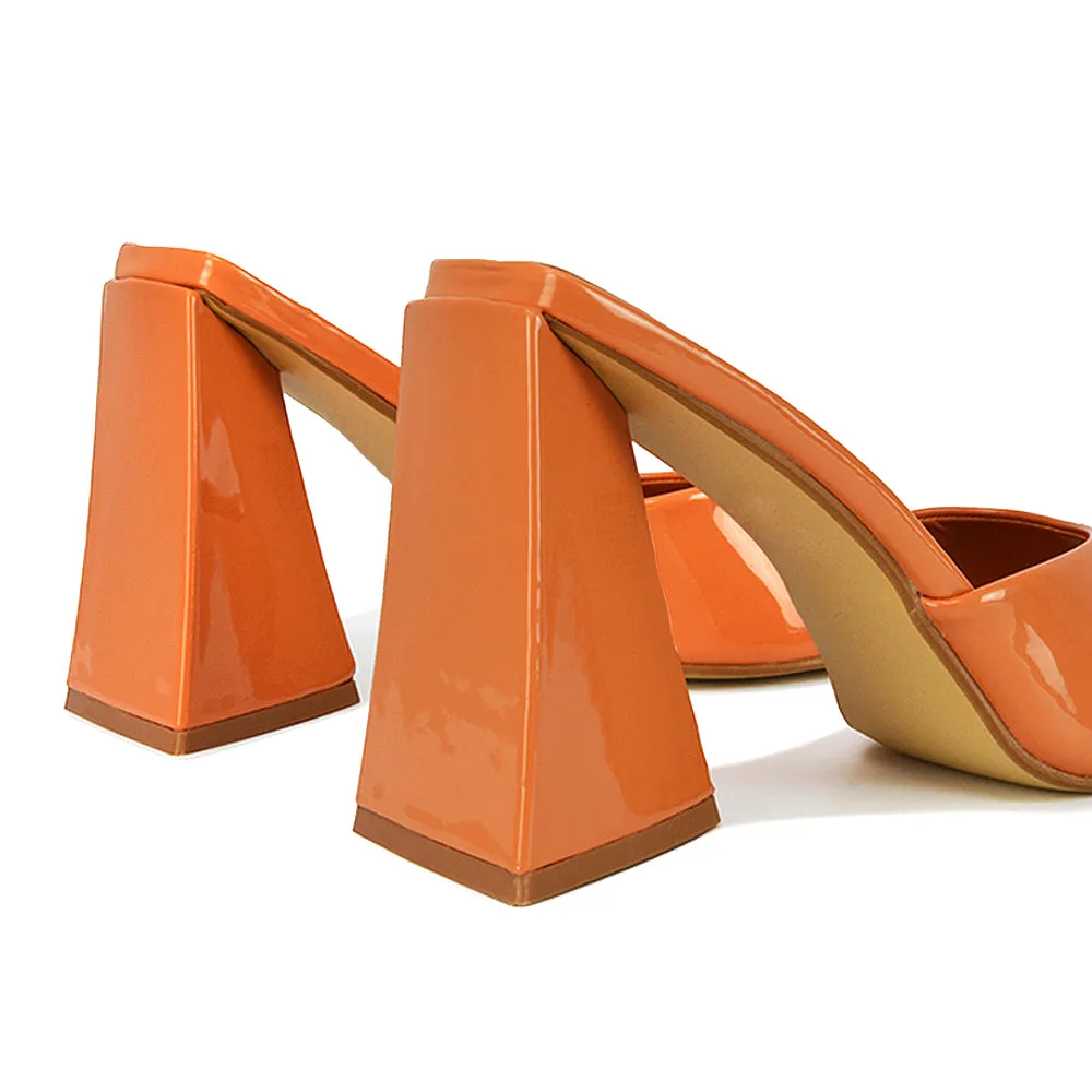 Gracia Square Peep Toe Sculptured Flared Block Heeled Mules in Black Patent