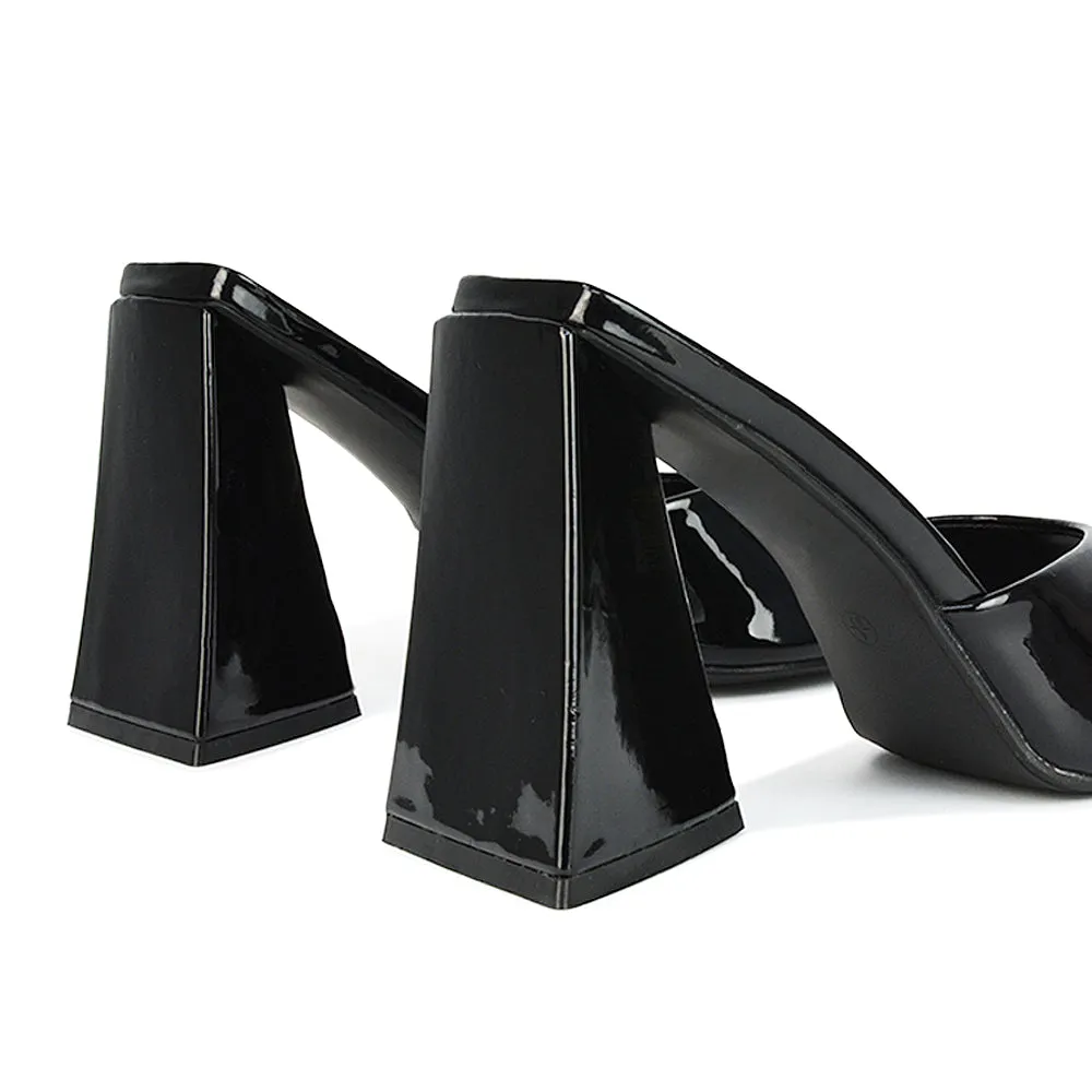 Gracia Square Peep Toe Sculptured Flared Block Heeled Mules in Black Patent