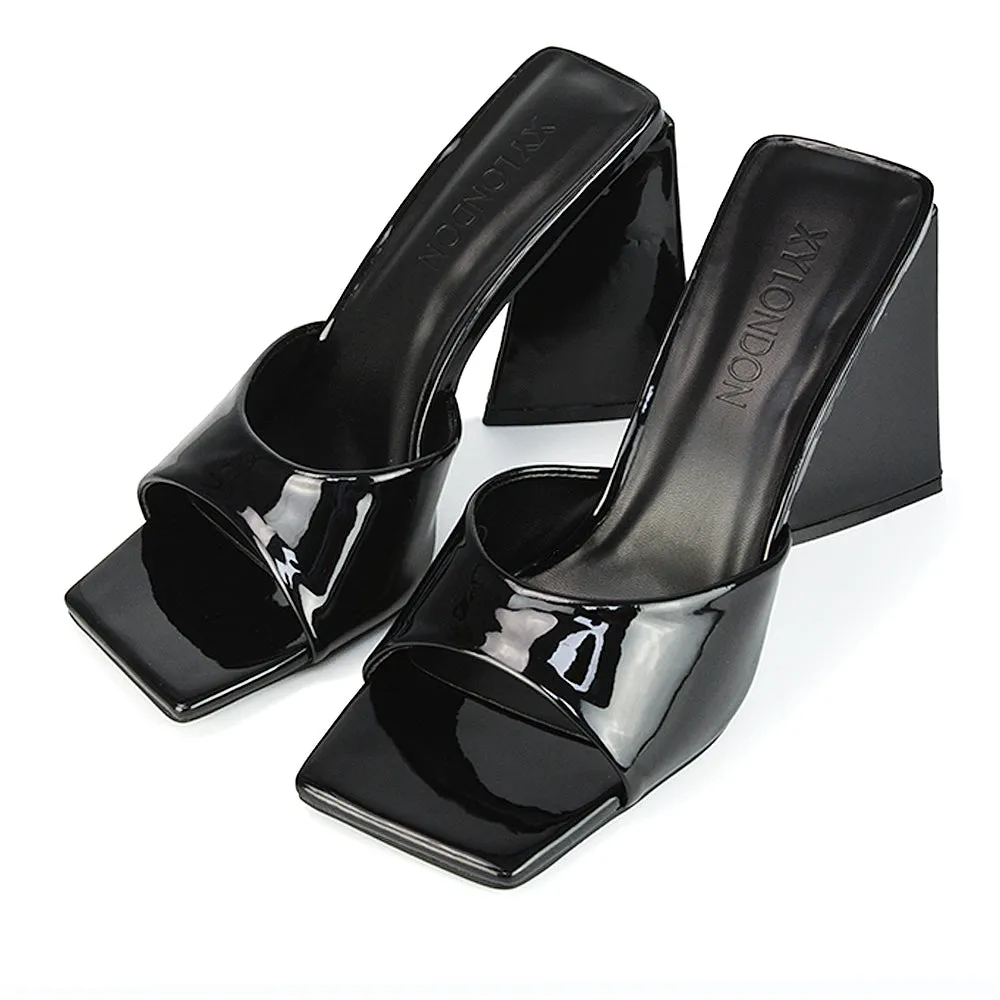 Gracia Square Peep Toe Sculptured Flared Block Heeled Mules in Black Patent