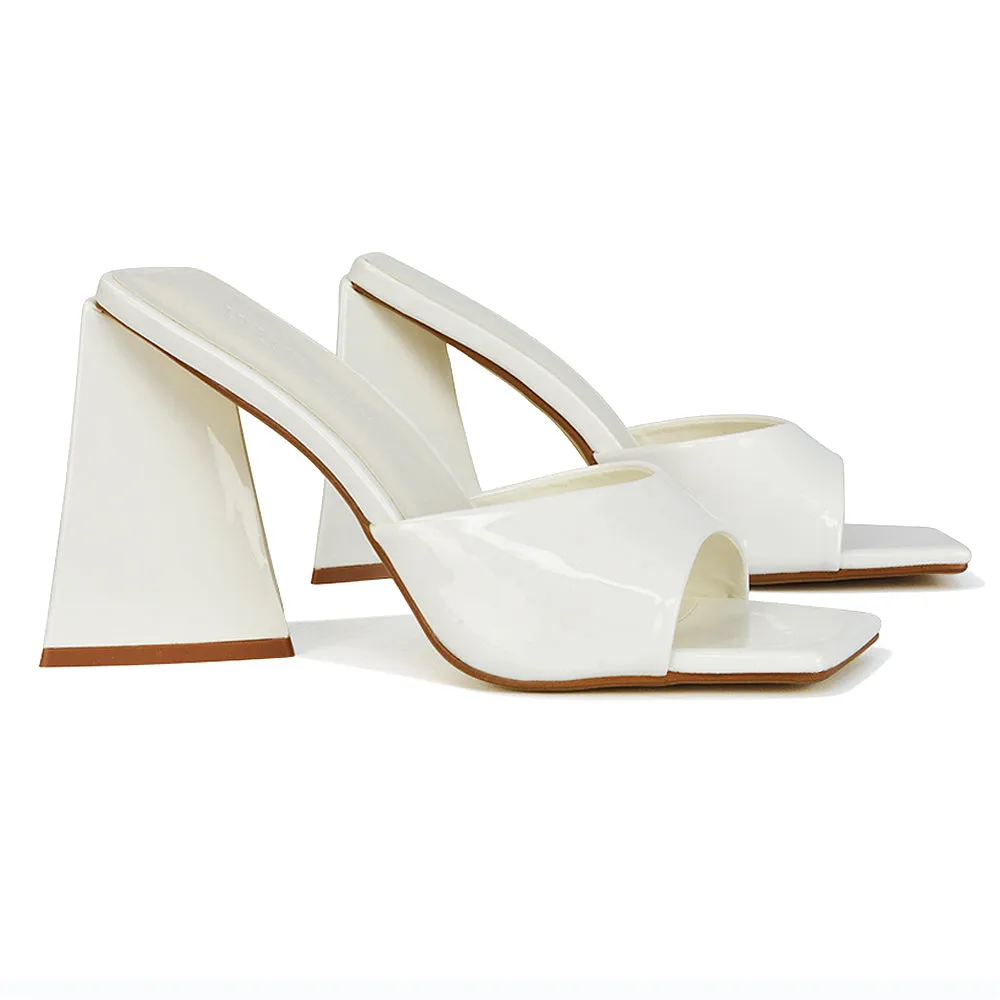 Gracia Square Peep Toe Sculptured Flared Block Heeled Mules in Black Patent